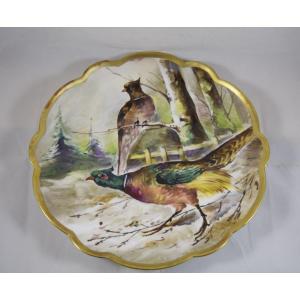 Large Decorative Dish In Limoges Porcelain, Pheasant Decor