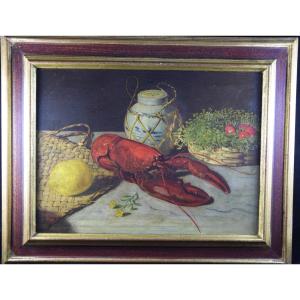 A. Stanesby  ( 1832-1916)  Nature morte au  homard , huile sur panneau bois