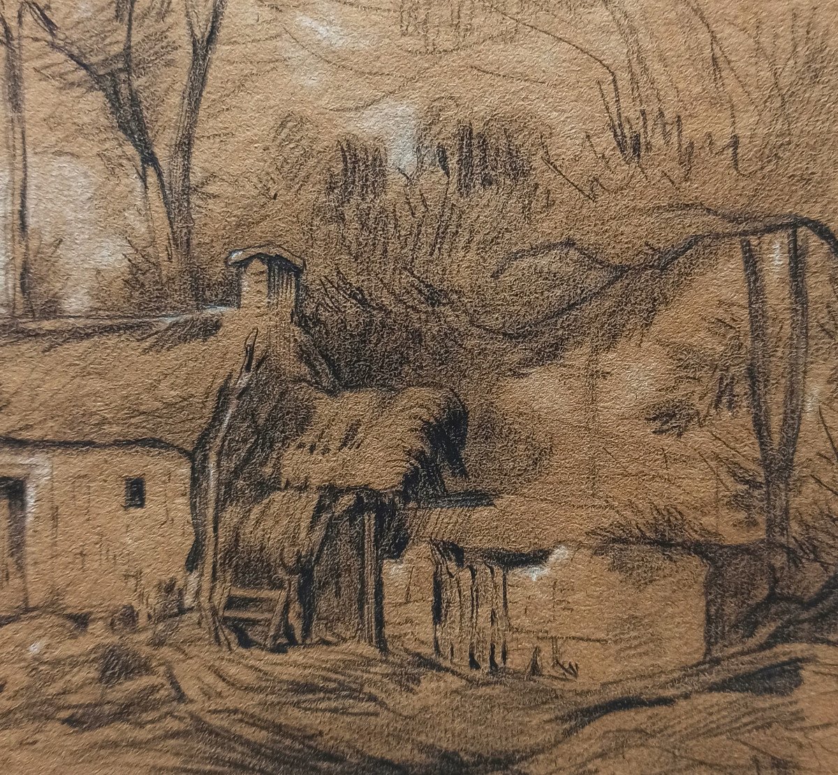 Jean-Charles Cazin (1841-1903), Paysage à la chaumière, dessin signé et daté 1884-photo-2