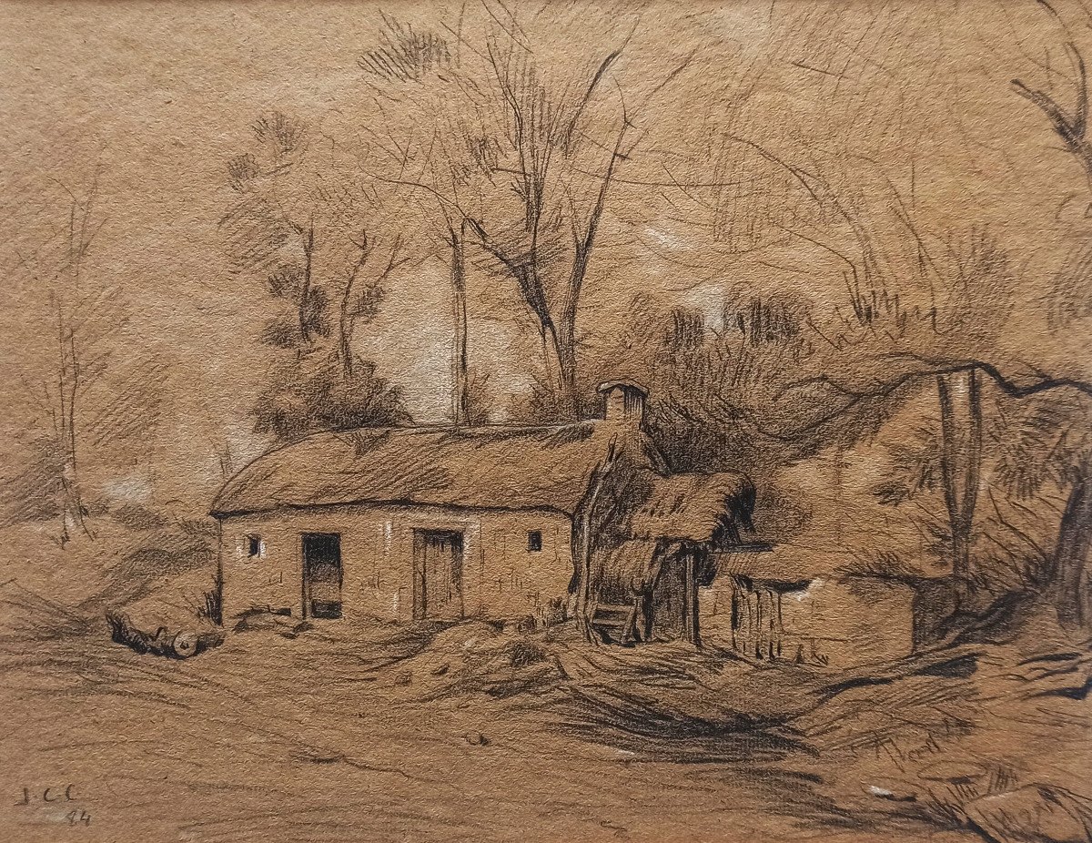 Jean-Charles Cazin (1841-1903), Paysage à la chaumière, dessin signé et daté 1884