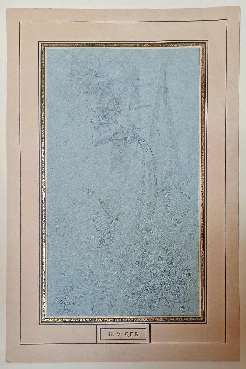 Hector Viger (du Vigneau), Les Lilas Du Voisin (salon Of 1878), Drawing On Blue Paper, Signed-photo-1