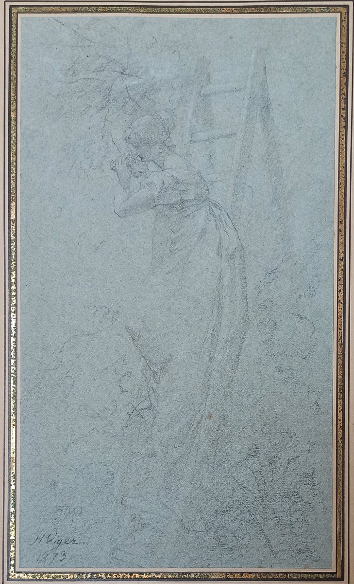 Hector Viger (du Vigneau), Les Lilas Du Voisin (salon Of 1878), Drawing On Blue Paper, Signed