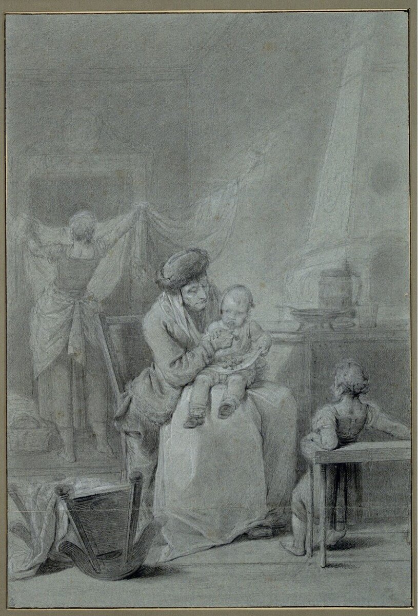 Charles François Hutin, le Goûter de cerises, c. 1756 – dessin sur papier bleu-photo-2