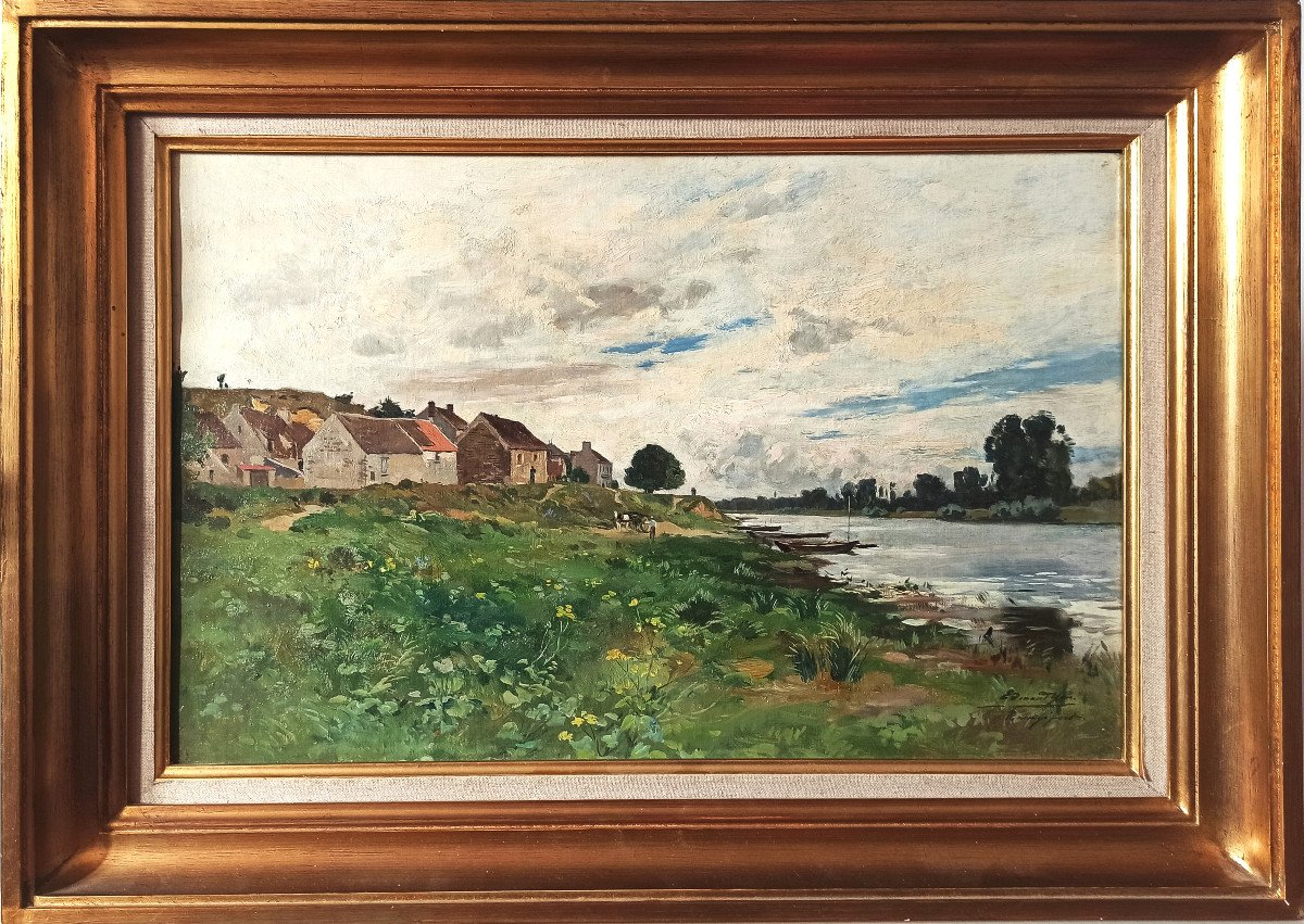 Edmond Yon (1841-1897), Paysage des bords de Seine à Rangiport, 1887, Huile sur toile signée