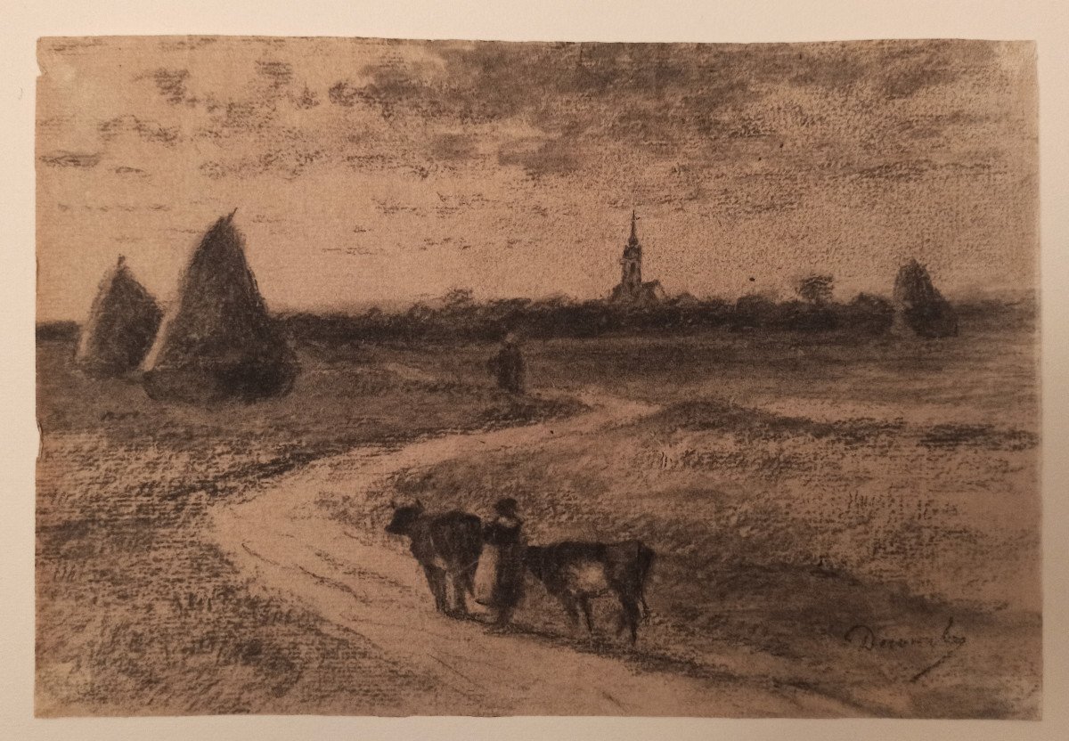 André Devambez (1867-1944), Paysage de campagne (rare dessin de jeunesse), fusain, signé