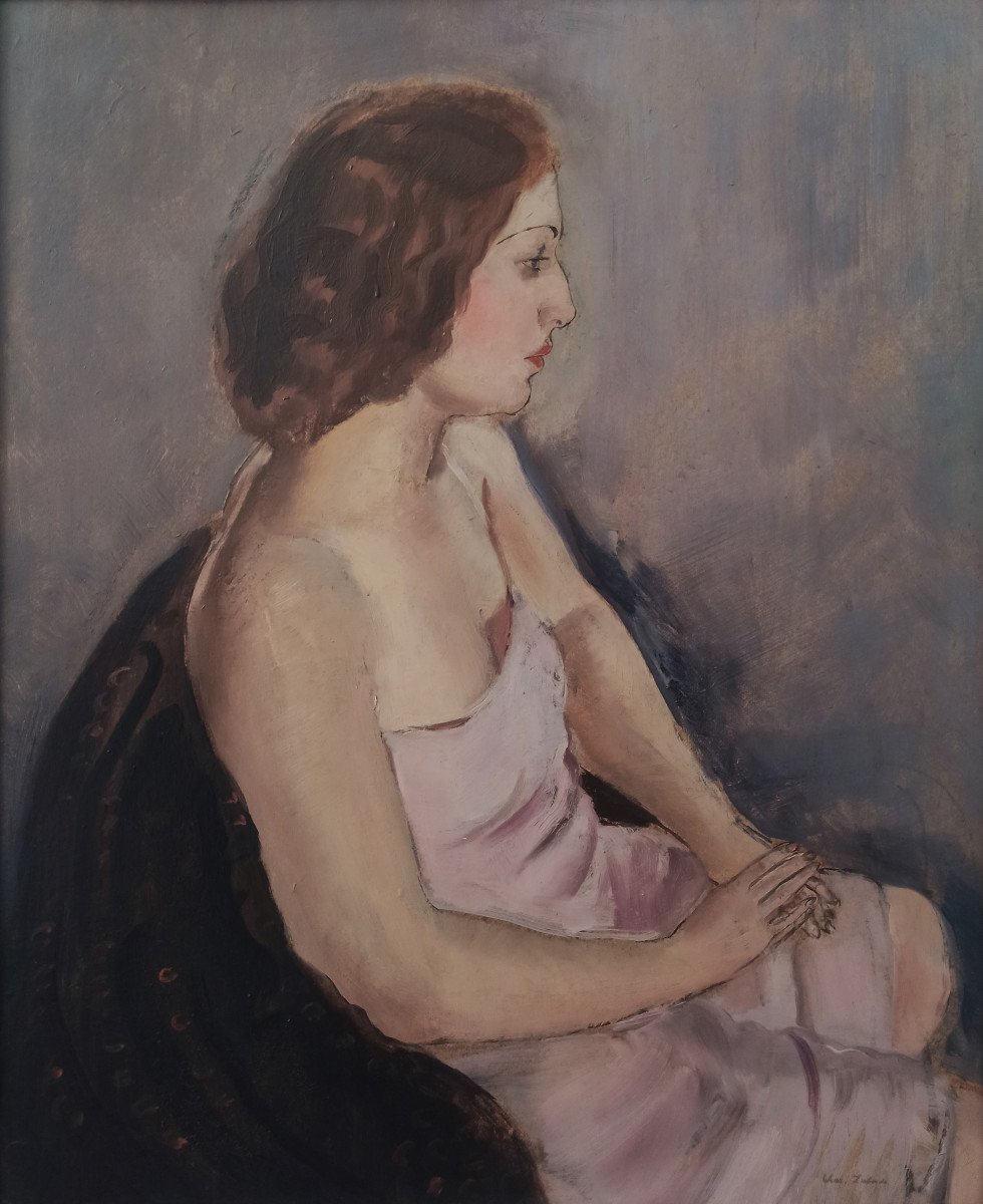 Chas Laborde (1888-1941), A Poetic Woman In A Pink Dress, Oil On Panel-photo-2