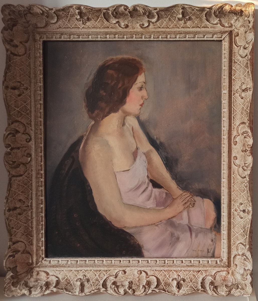 Chas Laborde (1888-1941), A Poetic Woman In A Pink Dress, Oil On Panel