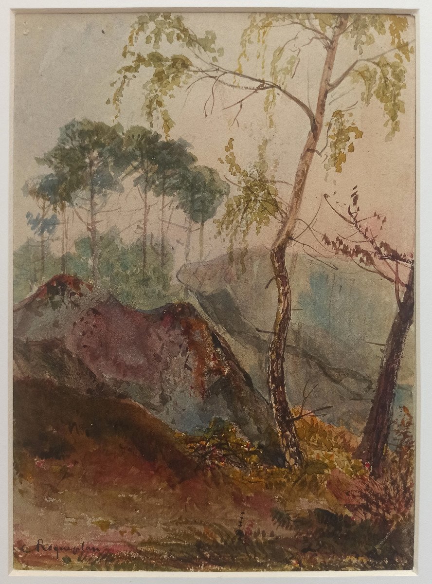 Camille Roqueplan (1803-1855, Marseille), Paysage romantique, aquarelle signée