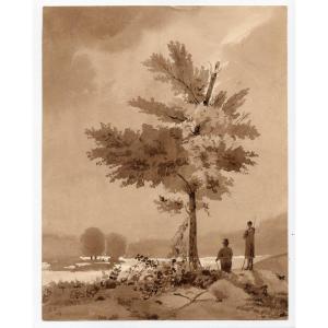 Claude Thiénon, 1827, Two Silhouettes Near A Lake, Ink Wash Drawing, Signed