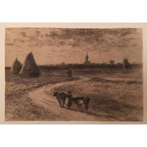 André Devambez (1867-1944), Paysage de campagne (rare dessin de jeunesse), fusain, signé