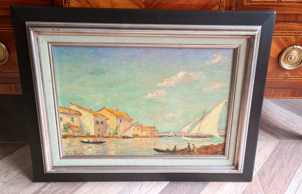 Oil Painting On Panel By Gérard André View Of A Fishing Port Late Nineteenth