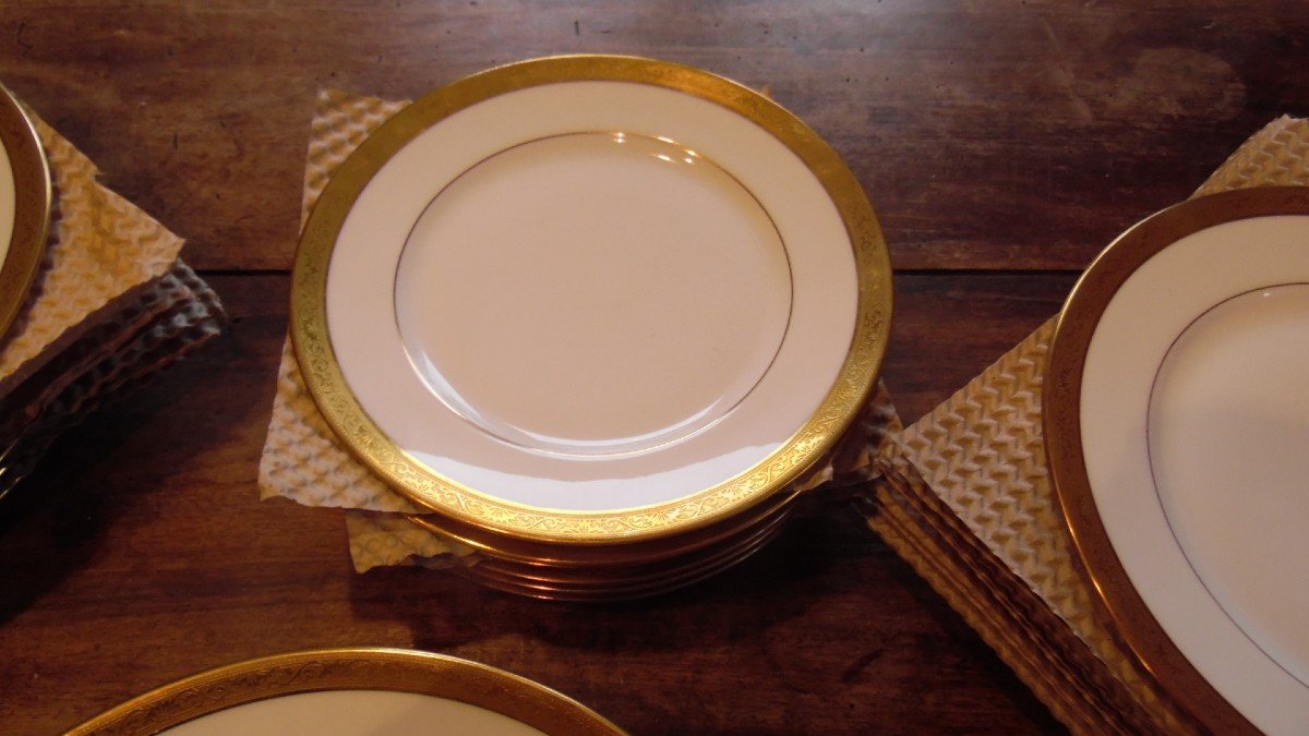 Limoges Porcelain Service Raynaud Double Gilding Ambassador Gold Model 22 Pieces-photo-2