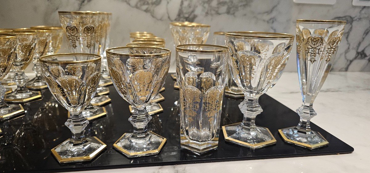 Exceptional Lot Of 28 Baccarat Crystal Glasses Model Harcourt Empire Signed -photo-6