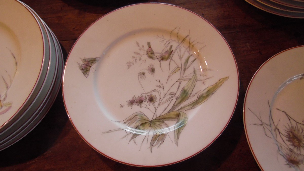 57 Piece Art Nouveau Paris Porcelain Service With Bird, Butterfly And Plant Decor-photo-3