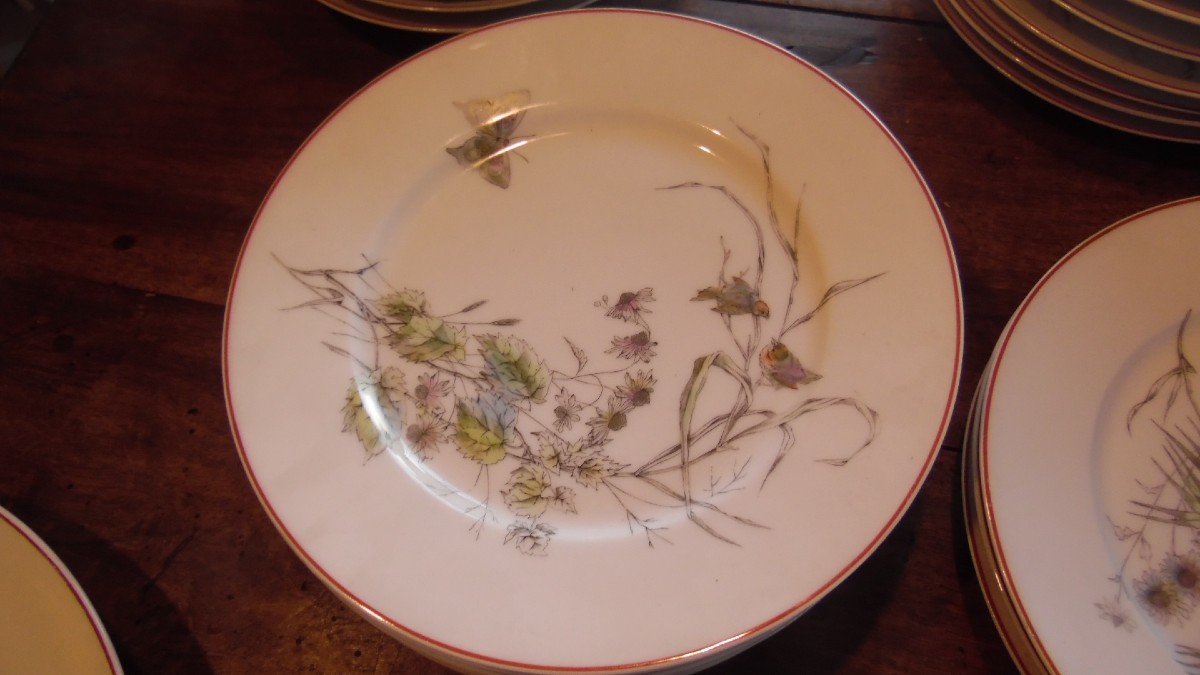 57 Piece Art Nouveau Paris Porcelain Service With Bird, Butterfly And Plant Decor-photo-7