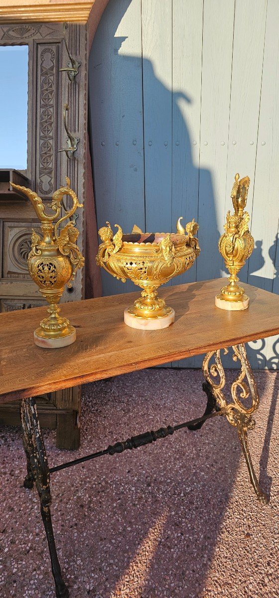 Garniture centre De Table jardiniere Et Ses 2 Aiguieres En Bronze doré Vers 1850 -photo-7