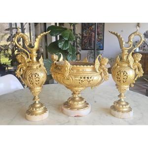 Jardiniere Table Centerpiece And Its 2 Gilt Bronze Ewers Circa 1850 Superb Quality 