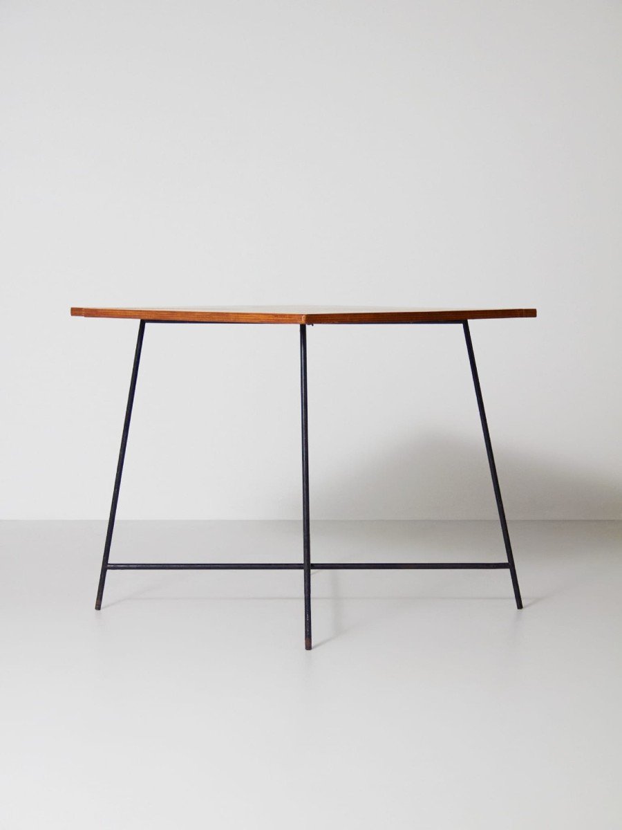 Minimalist Folding Table Wooden Top On A Metal Structure 1950s-60s-photo-2