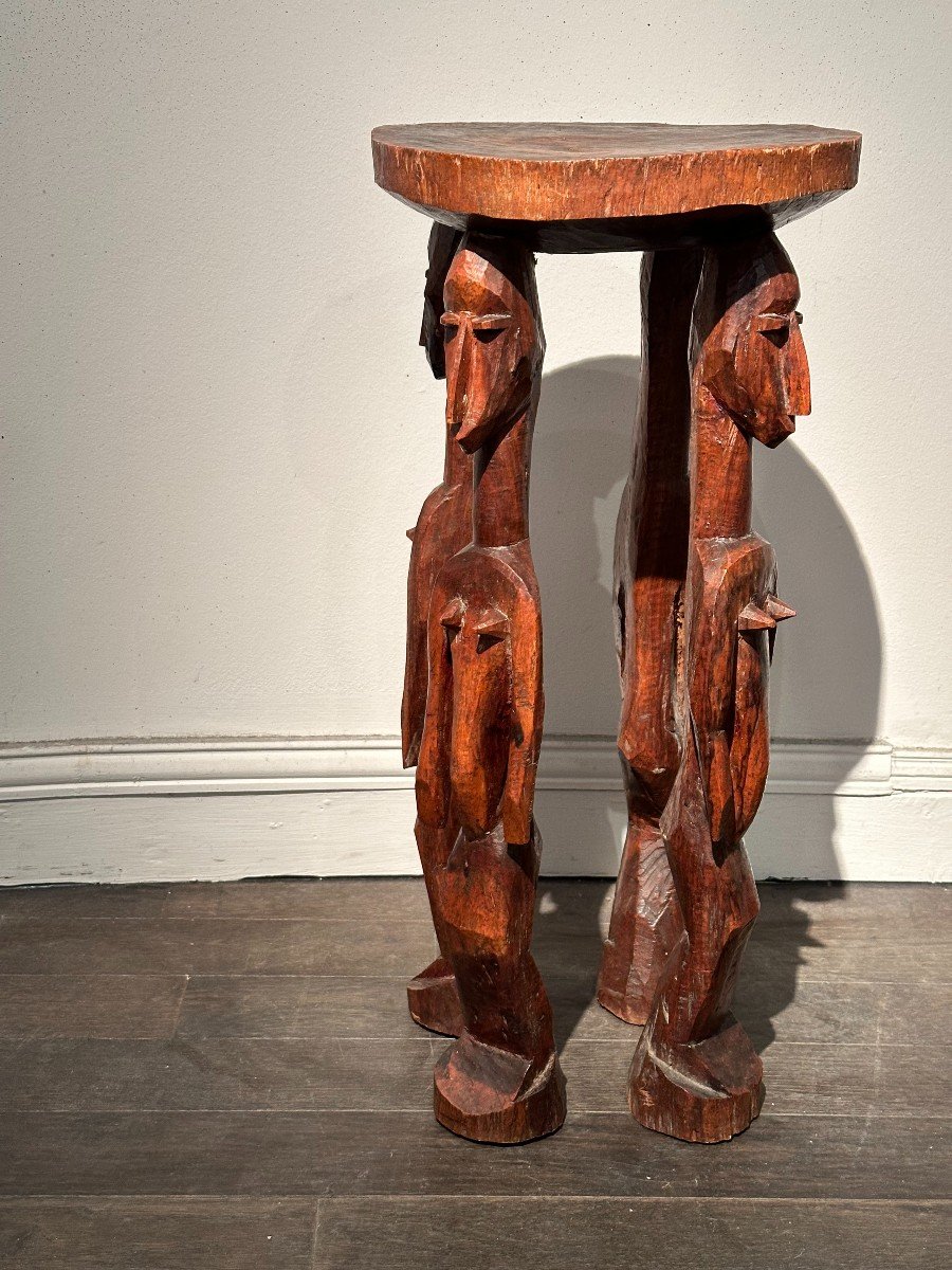 Interesting African Stool Made Up Of 4 Caryatids Supporting A Circular Seat -photo-3