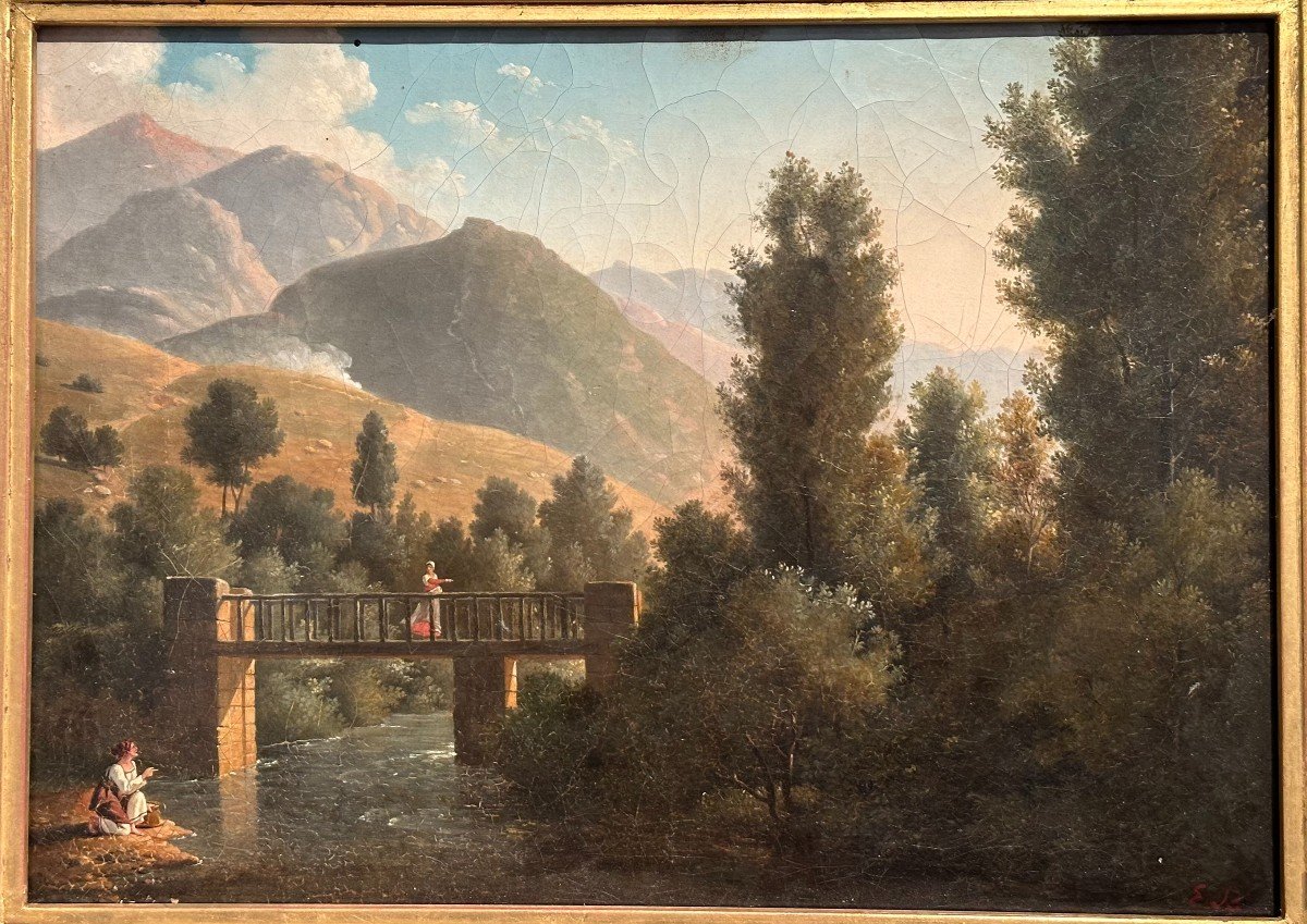 Oil On Canvas From The Early 19th Century Representing 2 Women Conversing At The Edge Of A River-photo-3