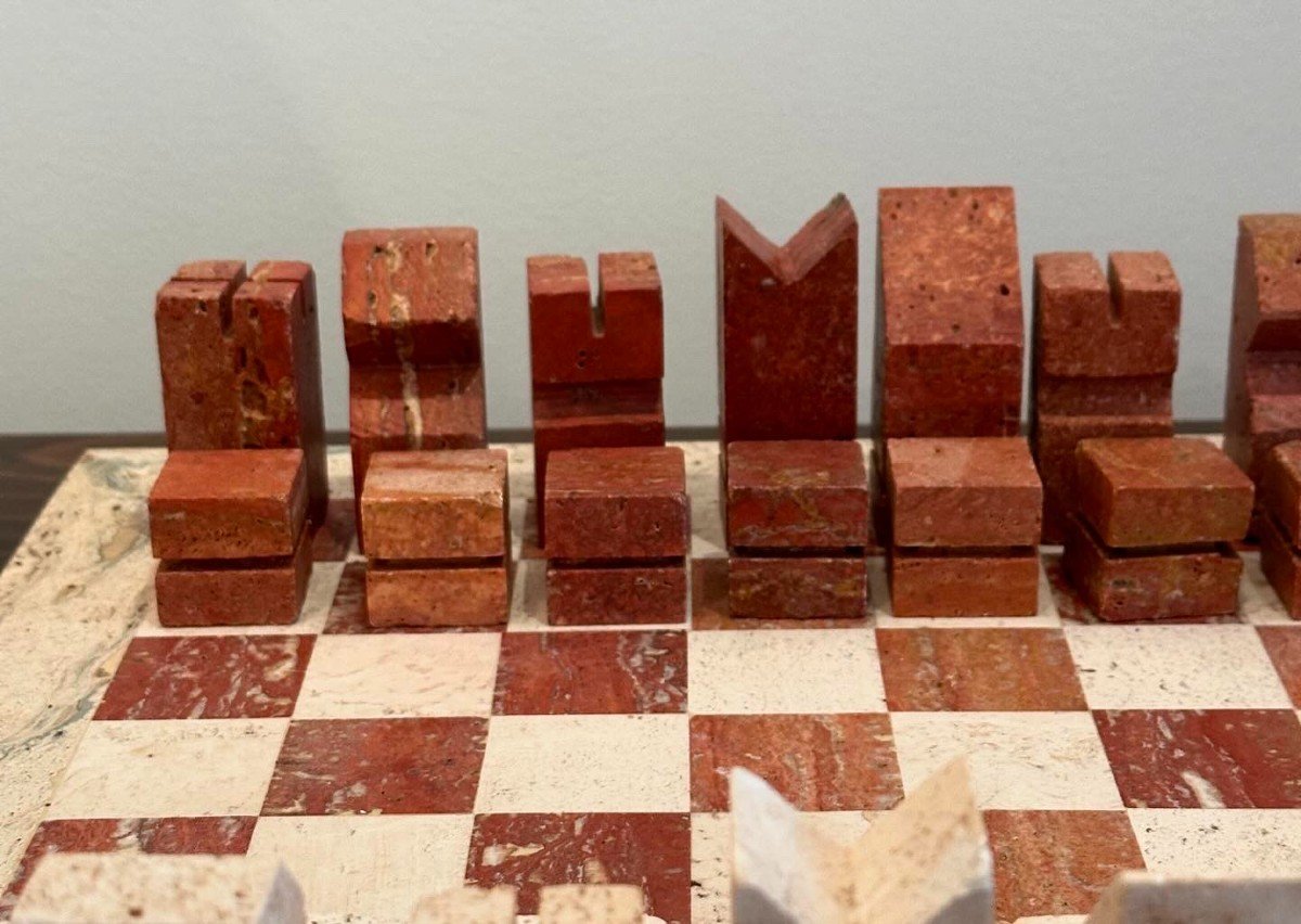 Modernist Travertine Chess Set, Italy 1960s, Attributed To Angelo Mangiarotti-photo-2