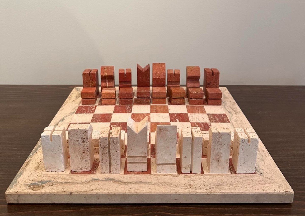 Modernist Travertine Chess Set, Italy 1960s, Attributed To Angelo Mangiarotti-photo-3