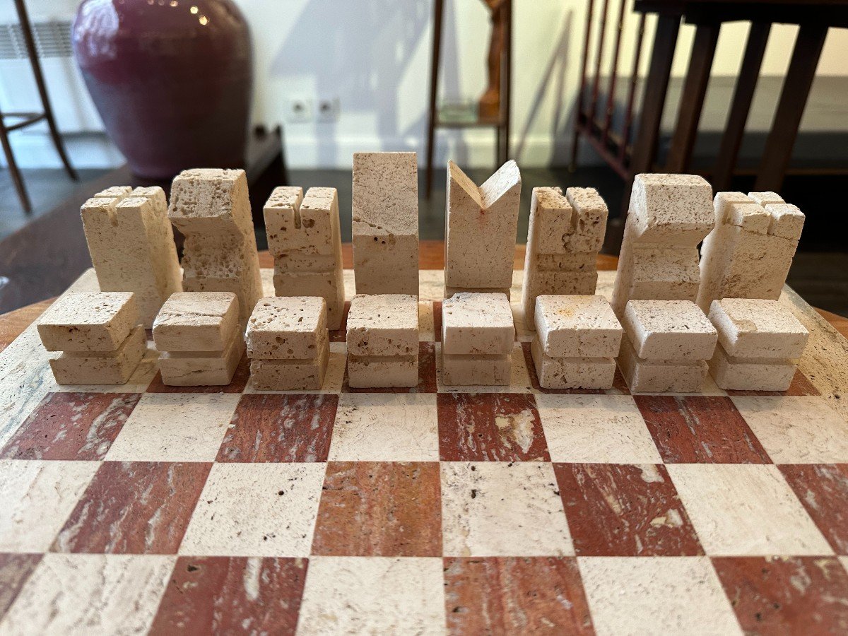 Modernist Travertine Chess Set, Italy 1960s, Attributed To Angelo Mangiarotti-photo-4