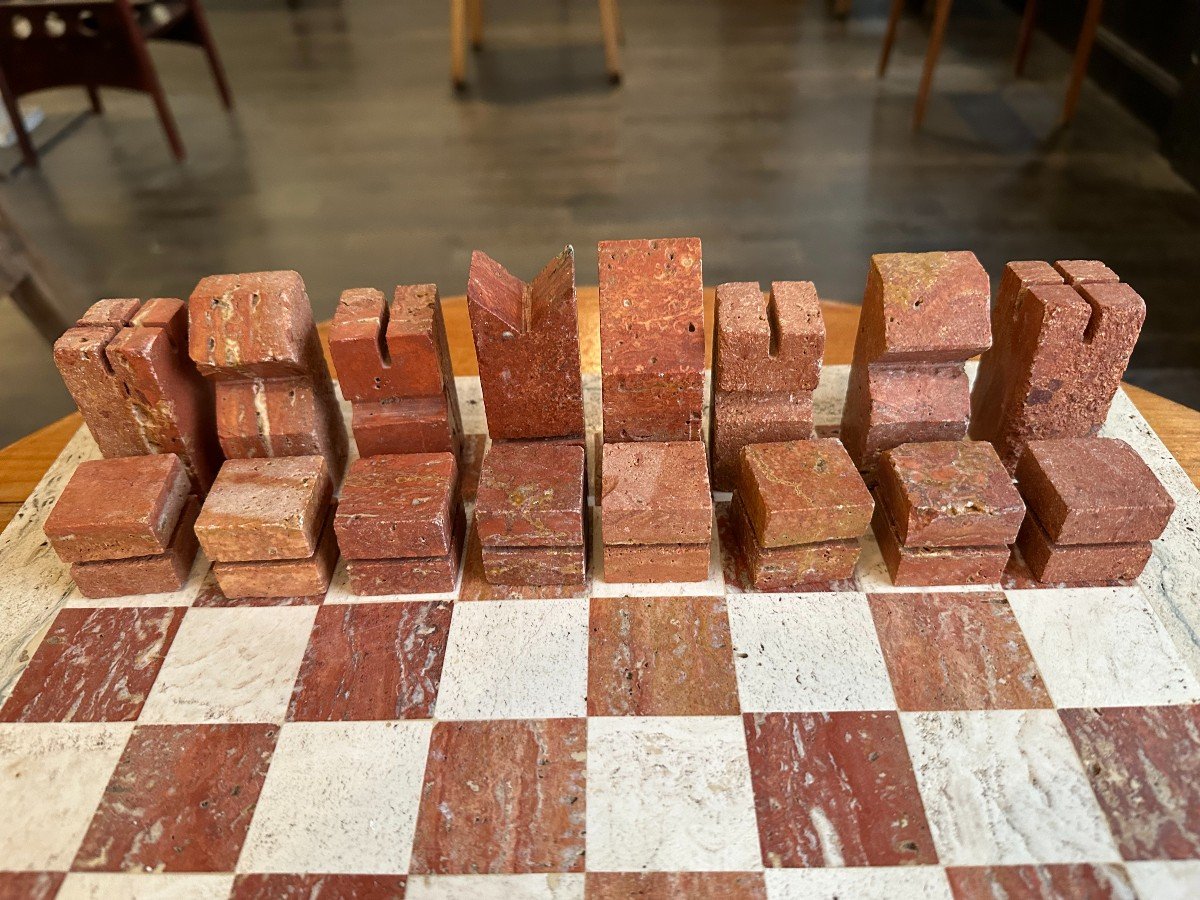 Modernist Travertine Chess Set, Italy 1960s, Attributed To Angelo Mangiarotti-photo-5