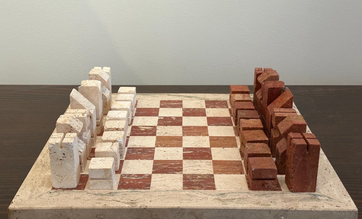 Modernist Travertine Chess Set, Italy 1960s, Attributed To Angelo Mangiarotti