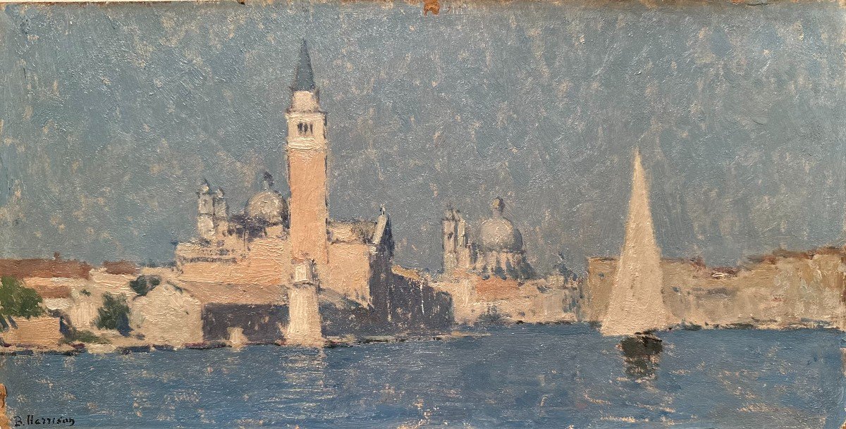 Venice, Oil On Cardboard By B Harisson, 1922.-photo-3