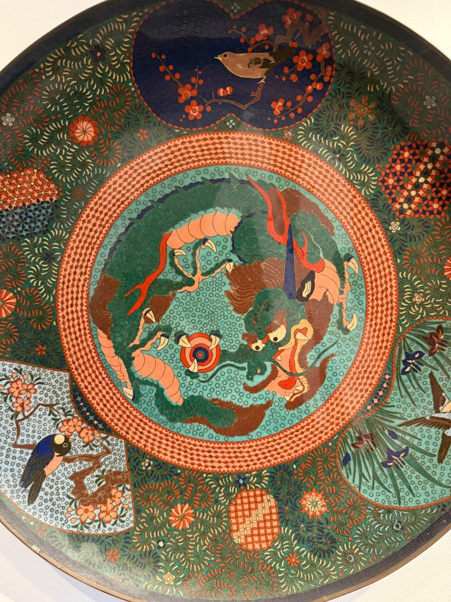 Pair Of Japanese Cloisonné Plates With Dragons And Birds, Late 19th-early 20th Century  -photo-3