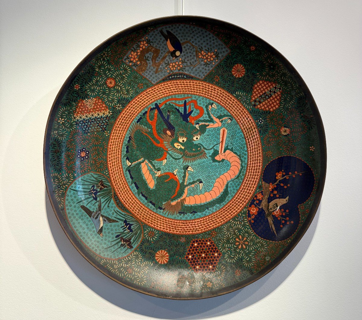 Pair Of Japanese Cloisonné Plates With Dragons And Birds, Late 19th-early 20th Century  