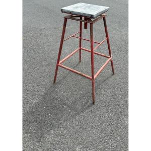 Industrial Red Steel Stand With Gray Marble Rotating Top 1950s