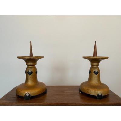 Pair Of Modernist Candle Picks In Painted And Gilded Wood