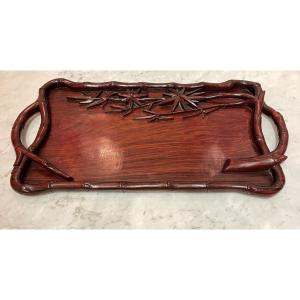 Exotic Wood Tray Decorated With Carved Bamboo