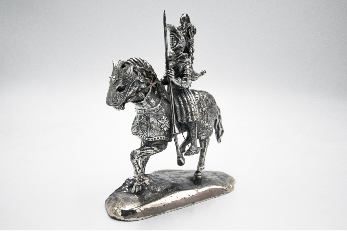 Silver Statue Of A Knight On Horseback, 800 Silver, Italy, Second Half Of The 20th Century.-photo-4