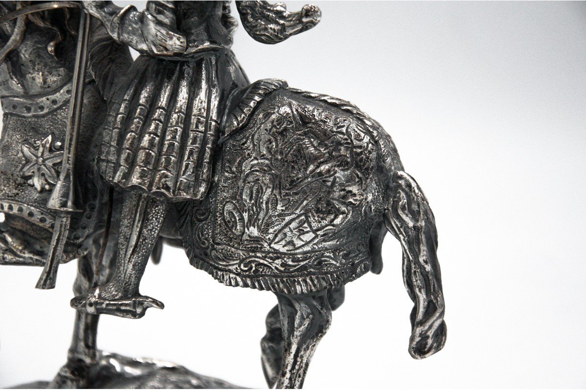 Silver Statue Of A Knight On Horseback, 800 Silver, Italy, Second Half Of The 20th Century.-photo-5