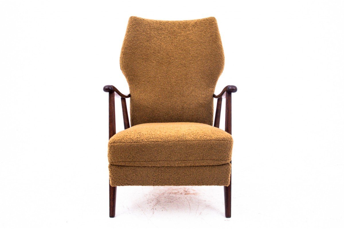 Fauteuil Vintage Jaune En Tissu Bouclé, Danemark, 1960. Après Restauration.-photo-3