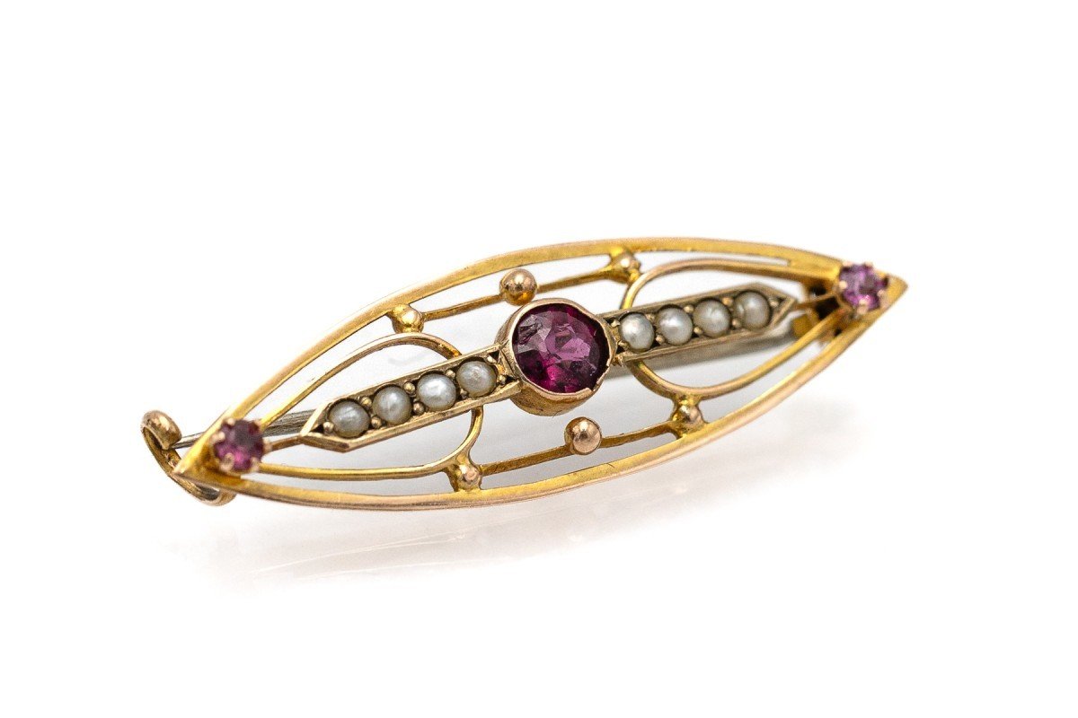 Old Gold Brooch With Tourmalines And Pearls-photo-4