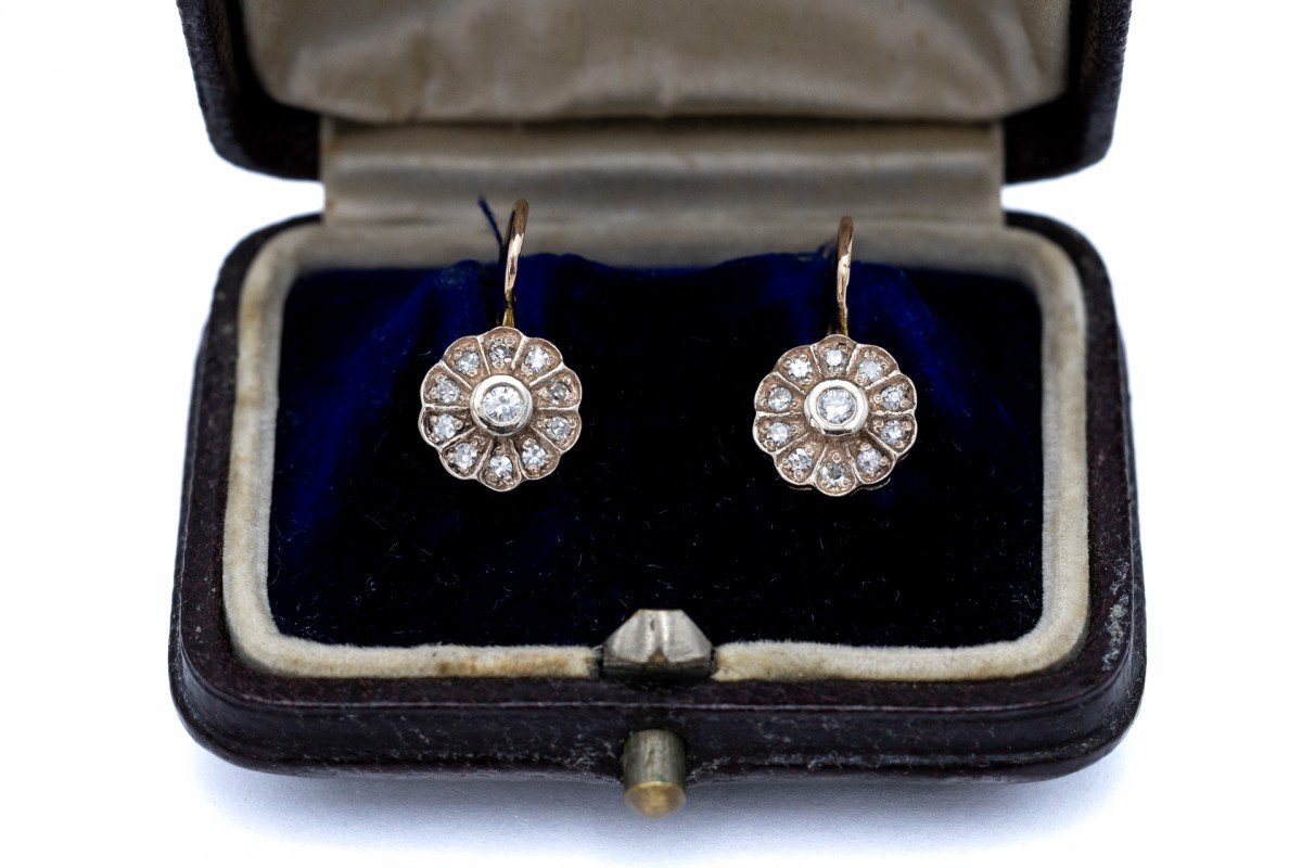 Anciennes Boucles d'Oreilles Pendantes En Forme De Fleur En Or Et Diamants, Autriche-hongrie, 