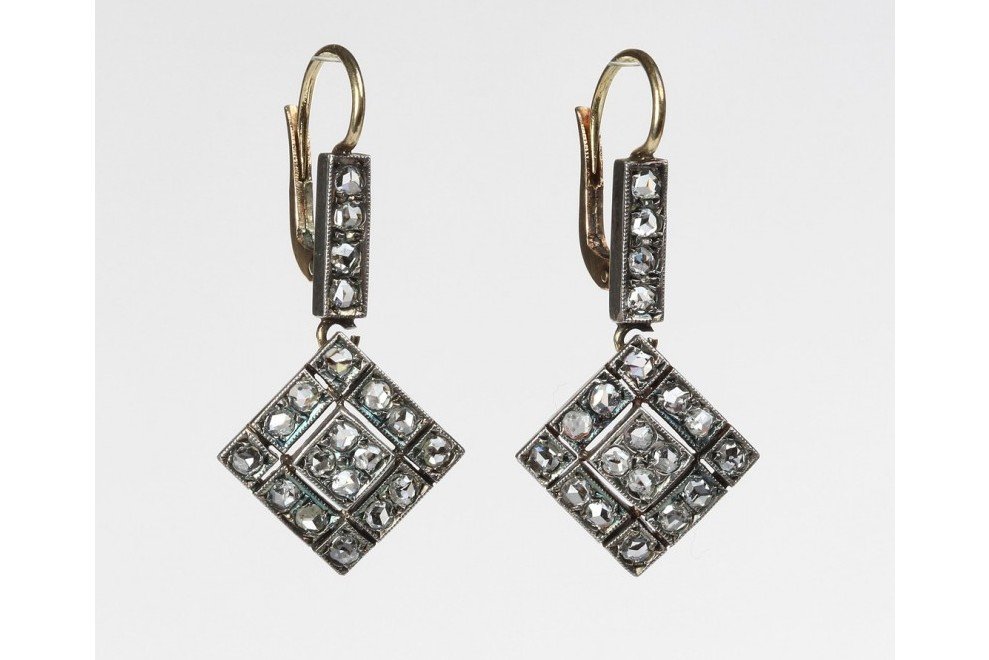 Old Gold Earrings Set With Old Cut Diamonds, Scandinavia, Circa 1900.