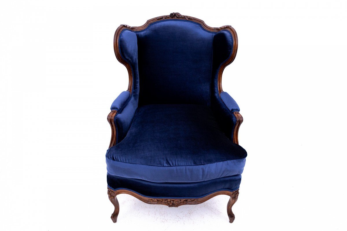 Navy Blue Winged Armchair, France, Circa 1910.-photo-4