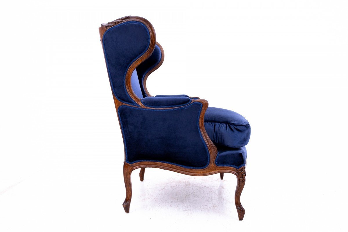 Navy Blue Winged Armchair, France, Circa 1910.-photo-2