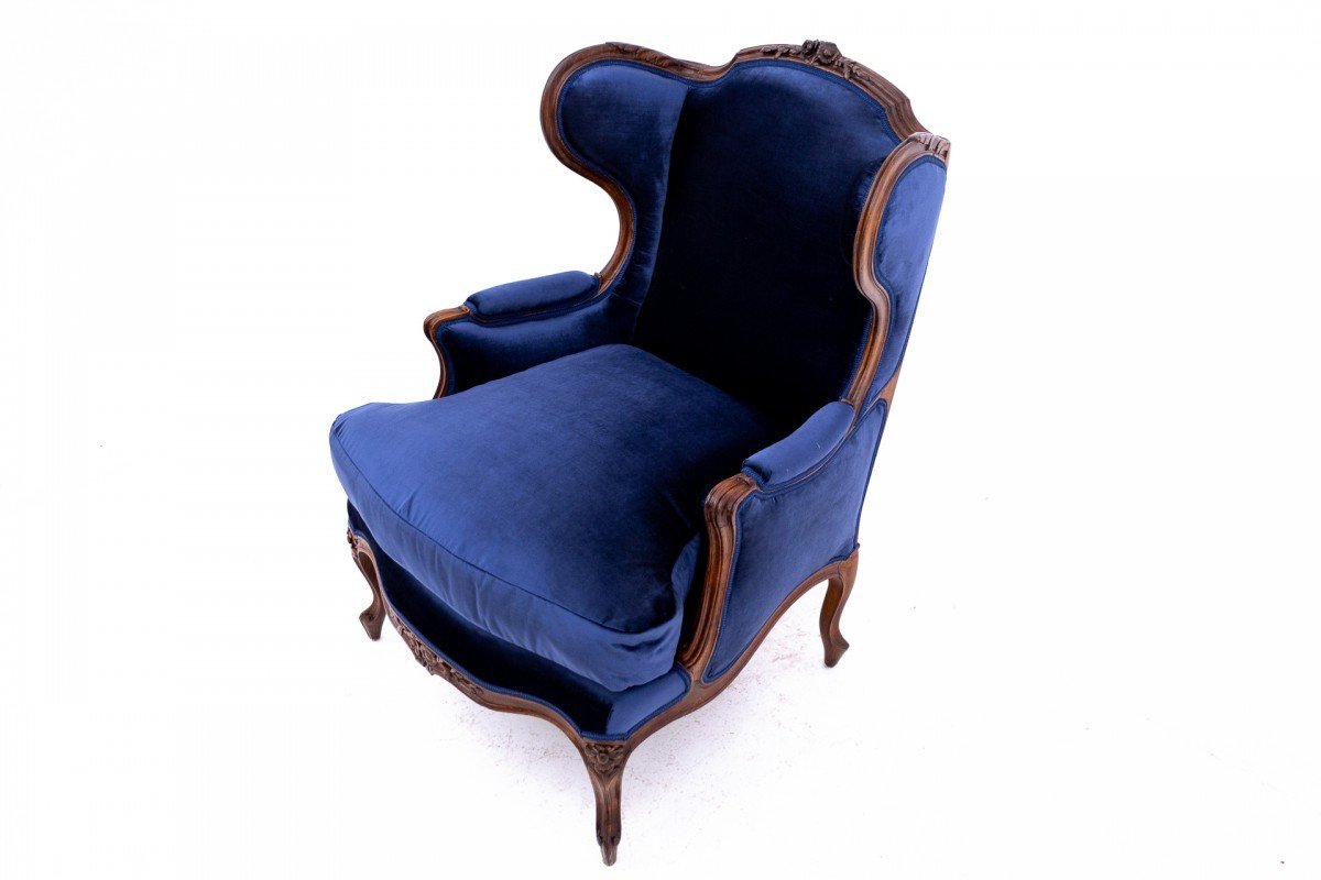 Navy Blue Winged Armchair, France, Circa 1910.-photo-8