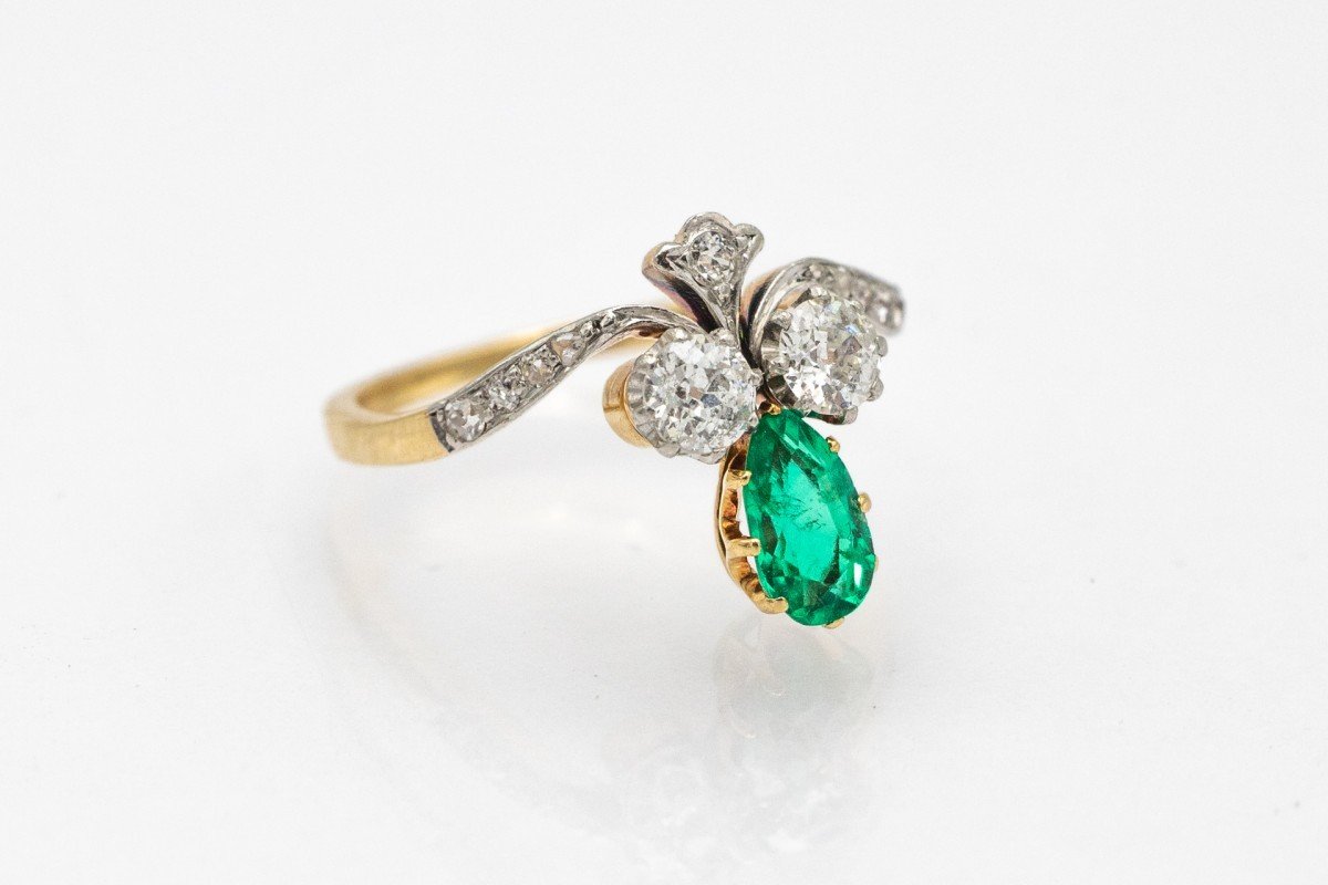 Antique Fleur De Lys Gold Ring With Emerald And Diamonds, France, Second Half Of The 19th Century-photo-1