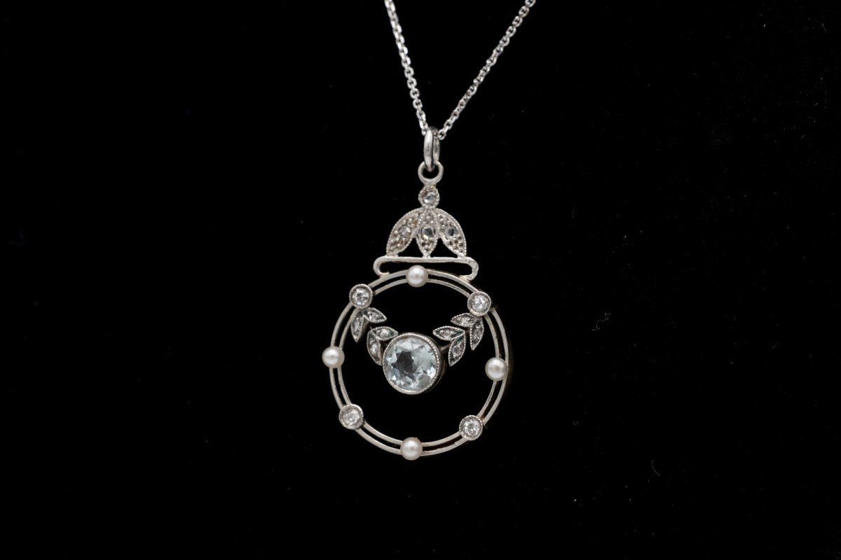 Pendentif Antique En Or Avec Diamants, Perles Et Aigue-marine.-photo-2