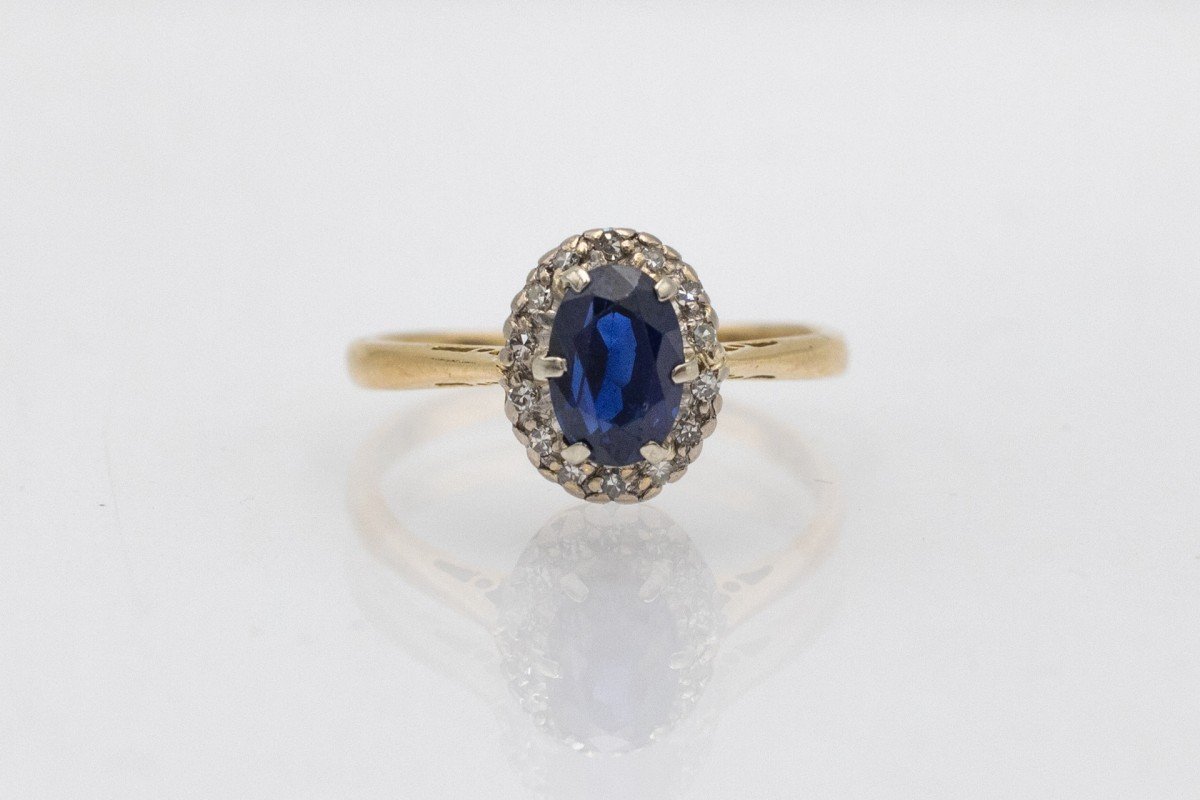 Old Gold Ring With Diamonds And Sapphire.