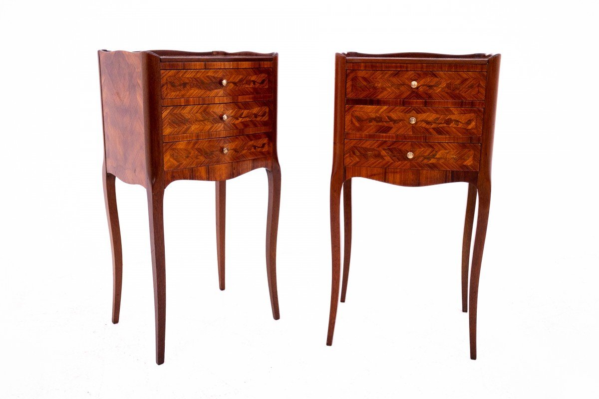 A Pair Of Inlaid Bedside Tables, France, Early 20th Century.