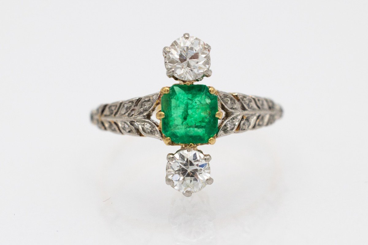 Belle Epoque Gold Ring With Emerald And Diamonds, Early 20th Century.-photo-2