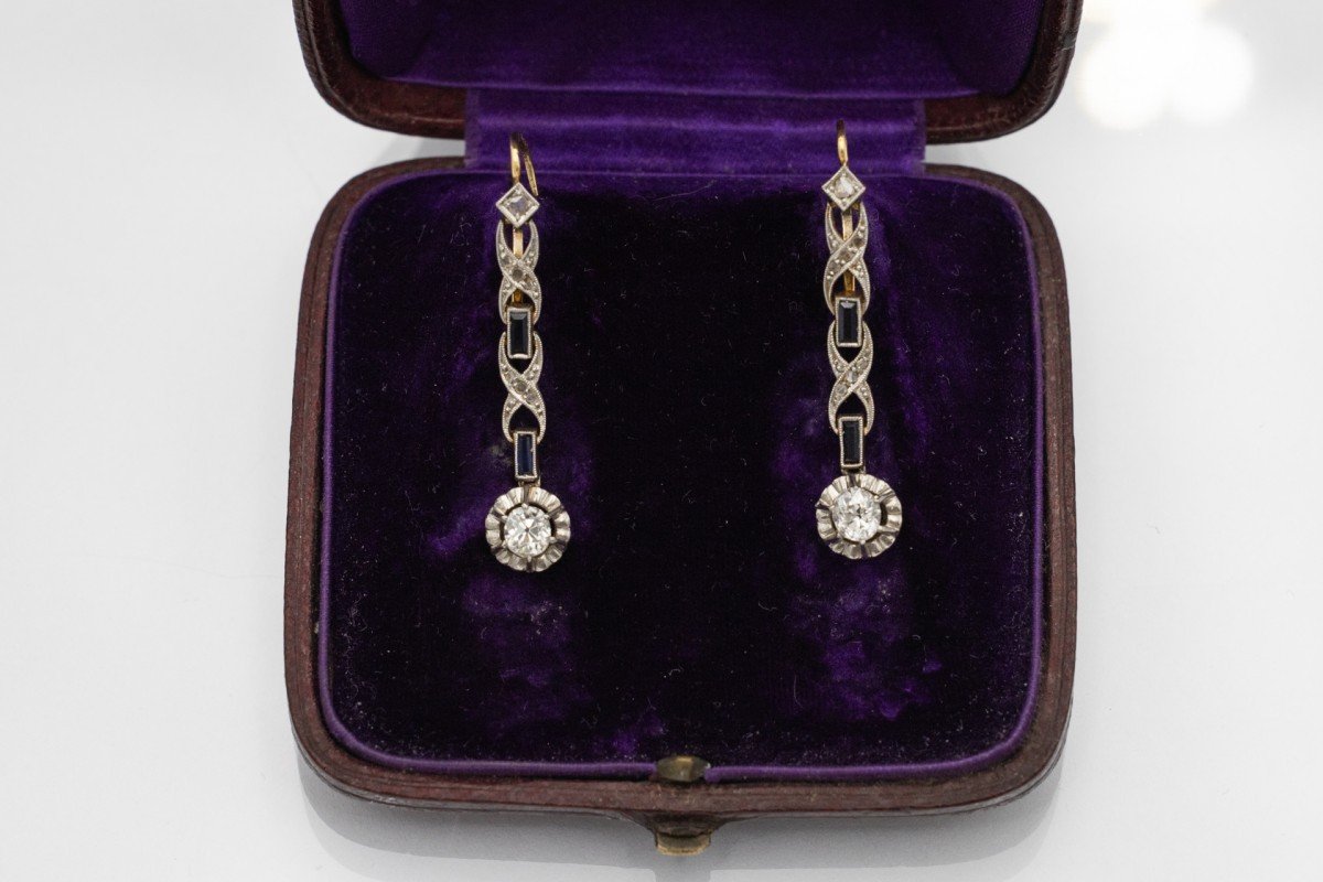 Art Deco Style Gold Drop Earrings With Diamonds And Sapphires.-photo-2